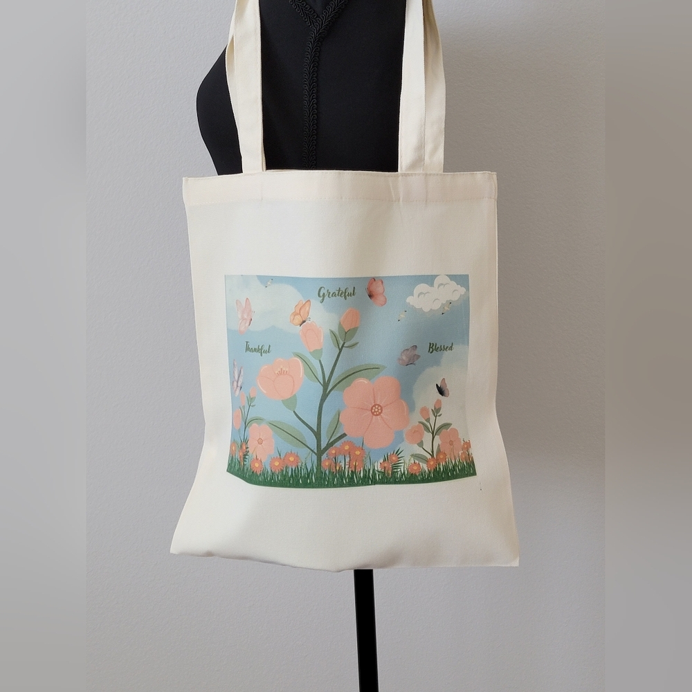 Canvas Floral Tote Bag in Cream - Grateful Blessed Design